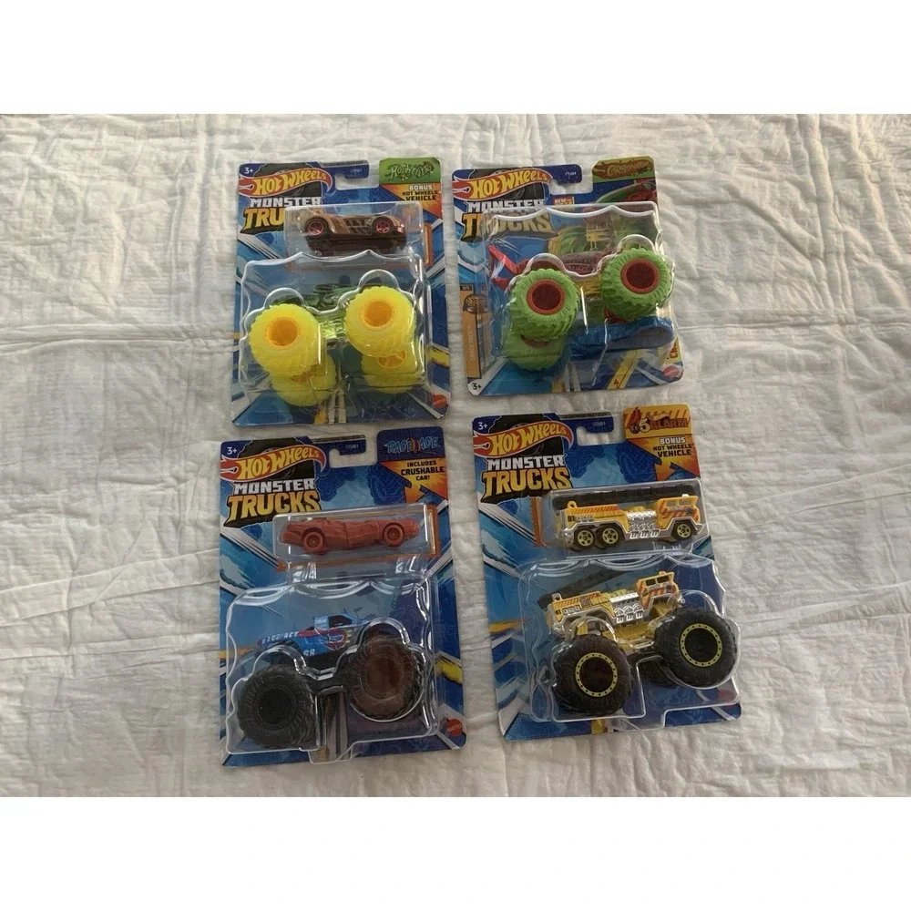 NIP (4) Hot Wheels Monster Trucks - Race Ace 5 Alarm Carbonator Hot Weiler
